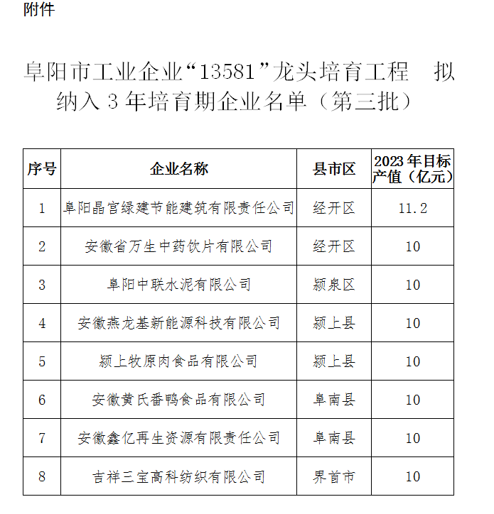 阜陽(yáng)市工業(yè)企業(yè)13581龍頭培育工程